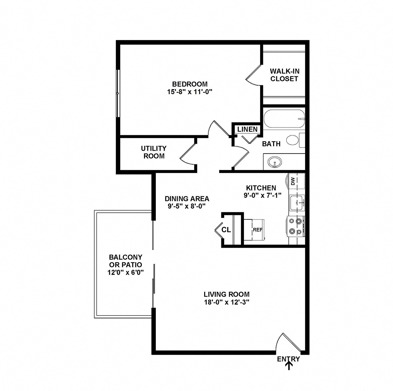 Floor plan for 1 bed, 1 bath, 717 sqft